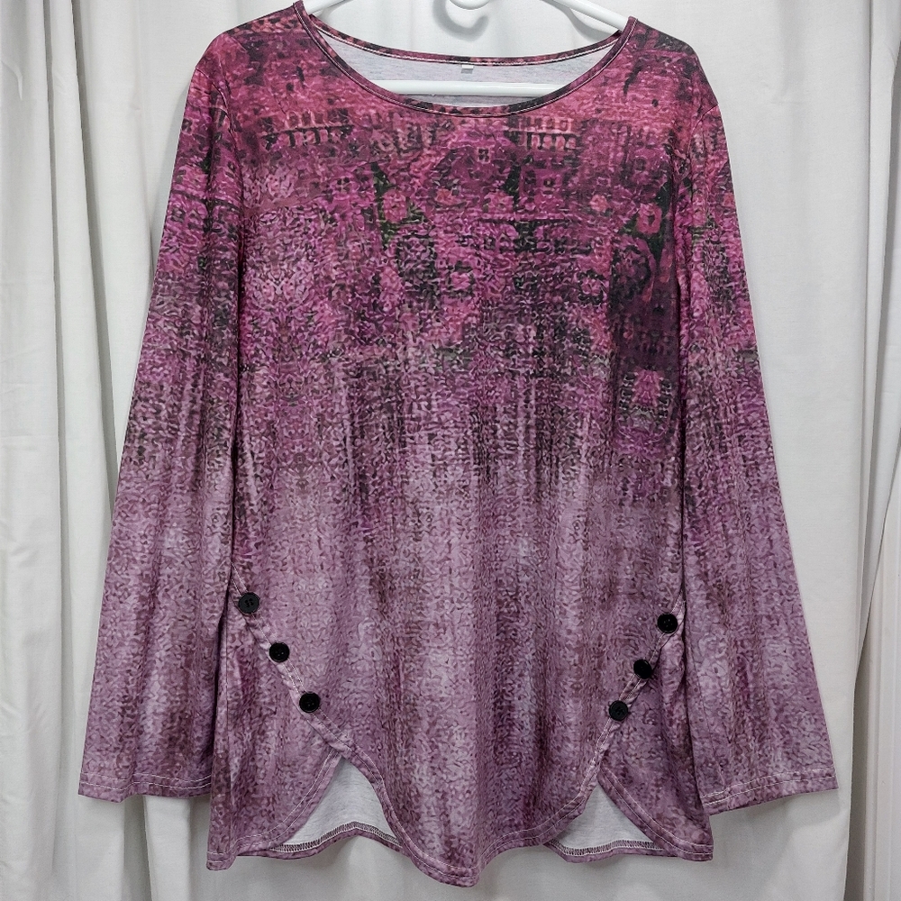 TEMU Tunic Purple Long Sleeve Scoop‎ Neck Button Accent